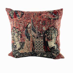 Belgian Tapestry Pillow Ladies Lion Unicorn Organ Music Medieval 18 x 19.5 x 7